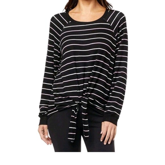 NWT Lacey Chabert Cozy Brushed Tie-Front Top Black Stripe Top Women's Shirt MED - Picture 1 of 8